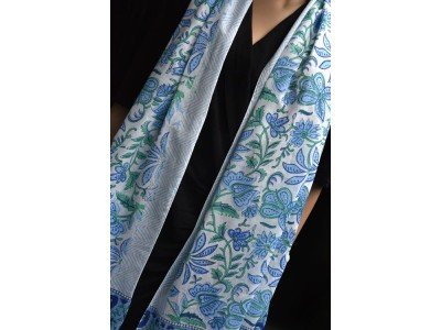Katoenen blockprintsjaaltje, blauw, groen en wit