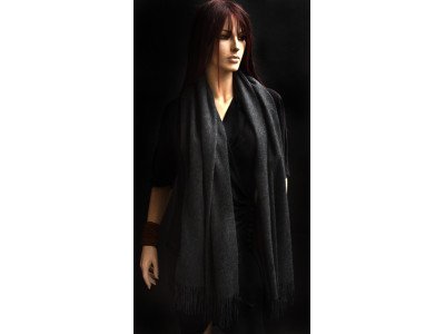Echte dikke wollen cashmere sjaal met franjes, donker grijs, uniseks